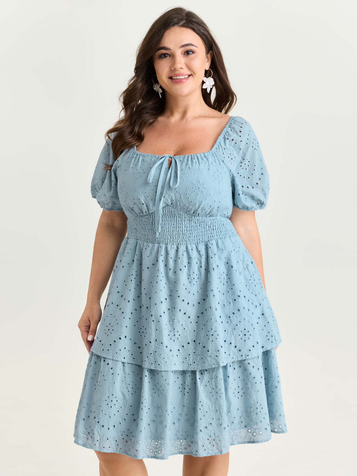 Eyelet Embroidered Cinched Waist Mini Dress