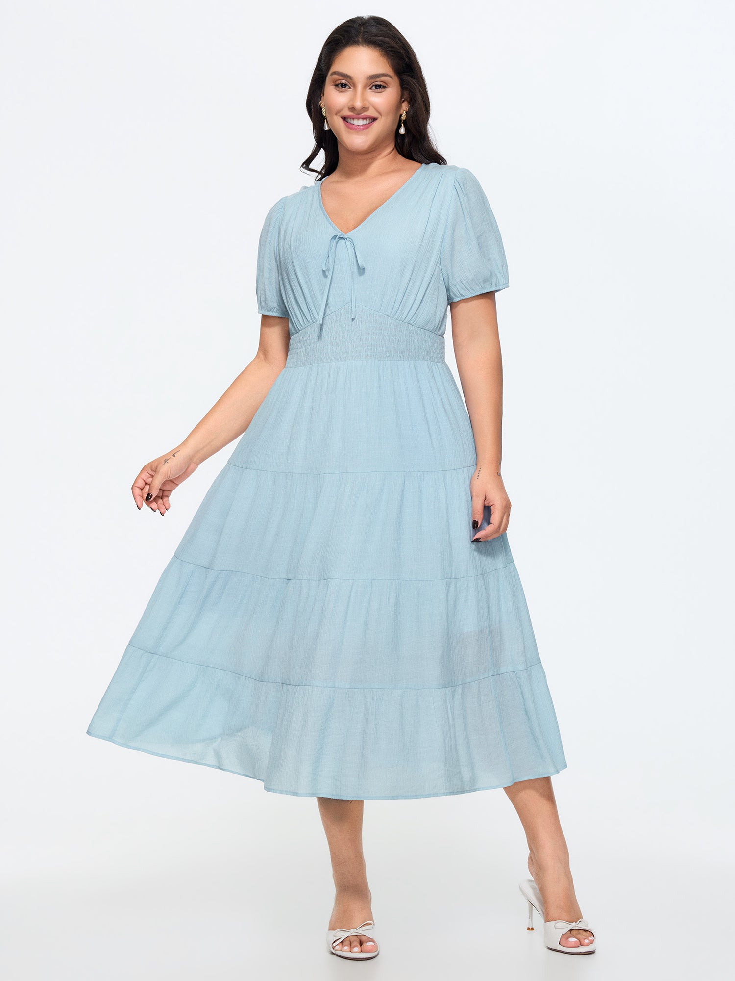 Shirred Waist Tiered Flowy Midi Dress