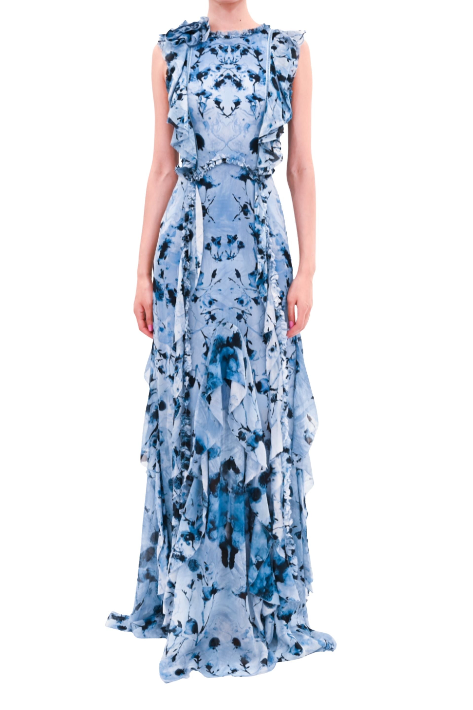 Painterly Print Sleeveless Georgette Gown