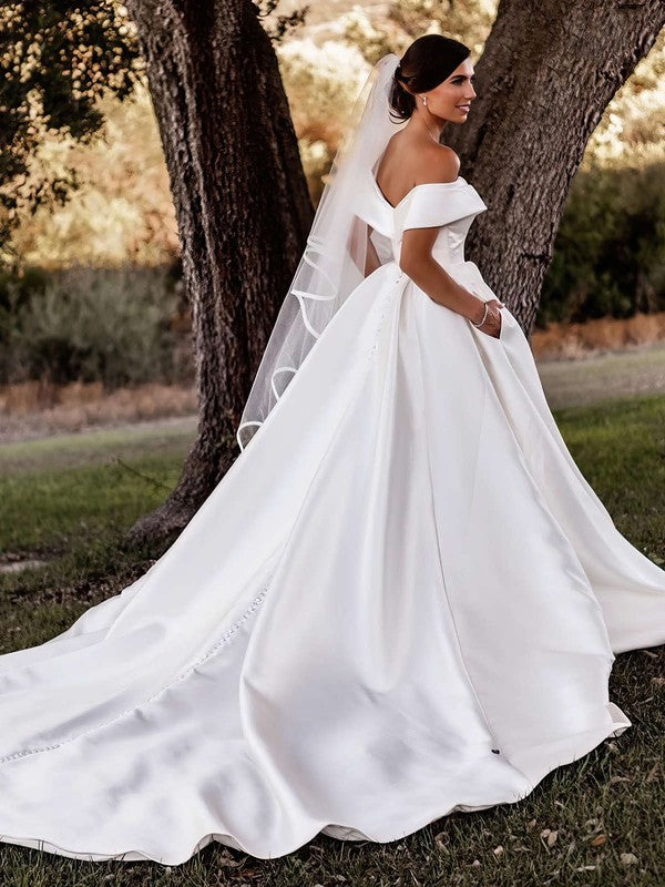 Stunning Off-The-Shoulder Satin Ball Gown Wedding Dresses with Cathedral Train