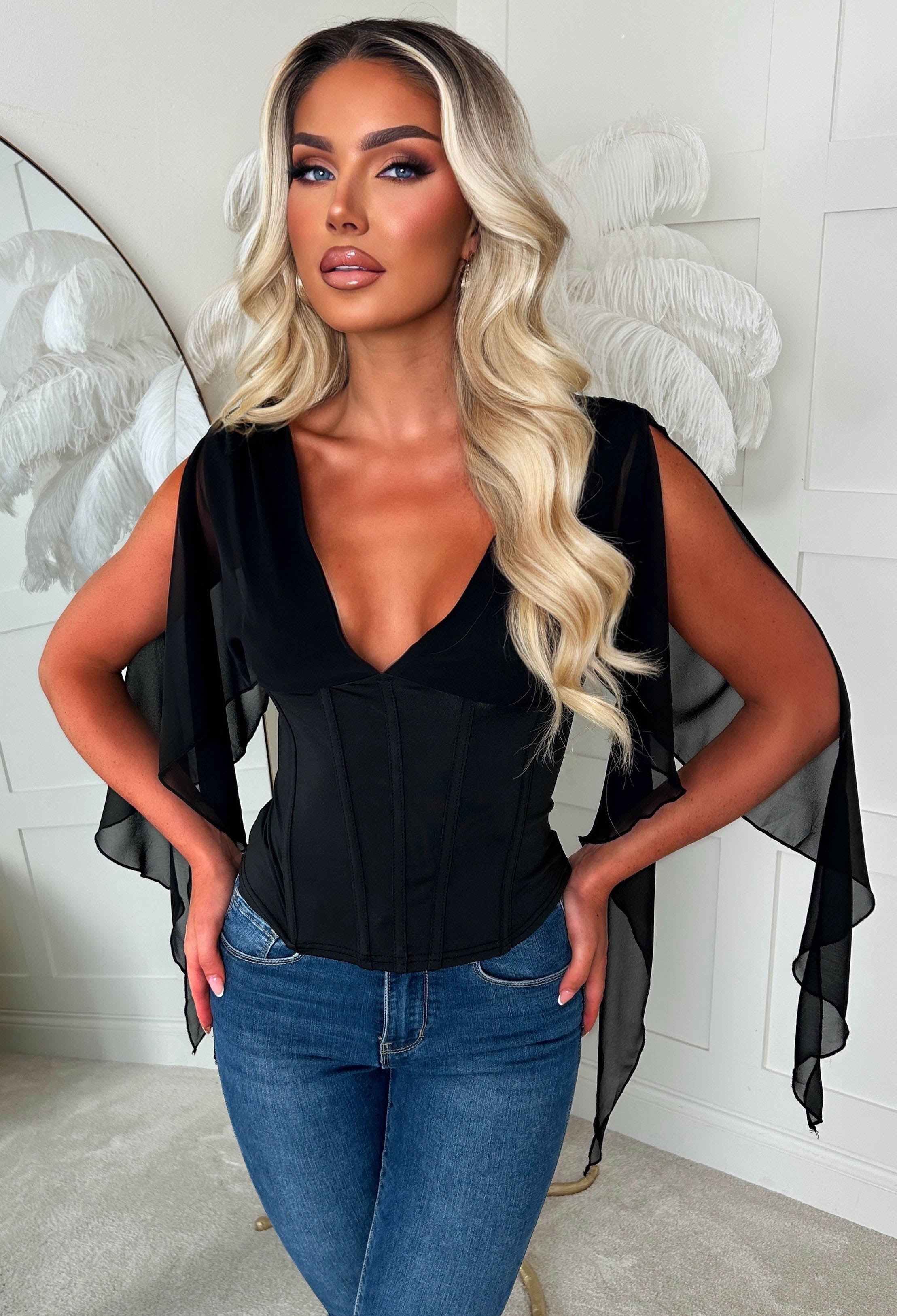 Good Rumour Black Corset Mesh Drape Sleeve Top