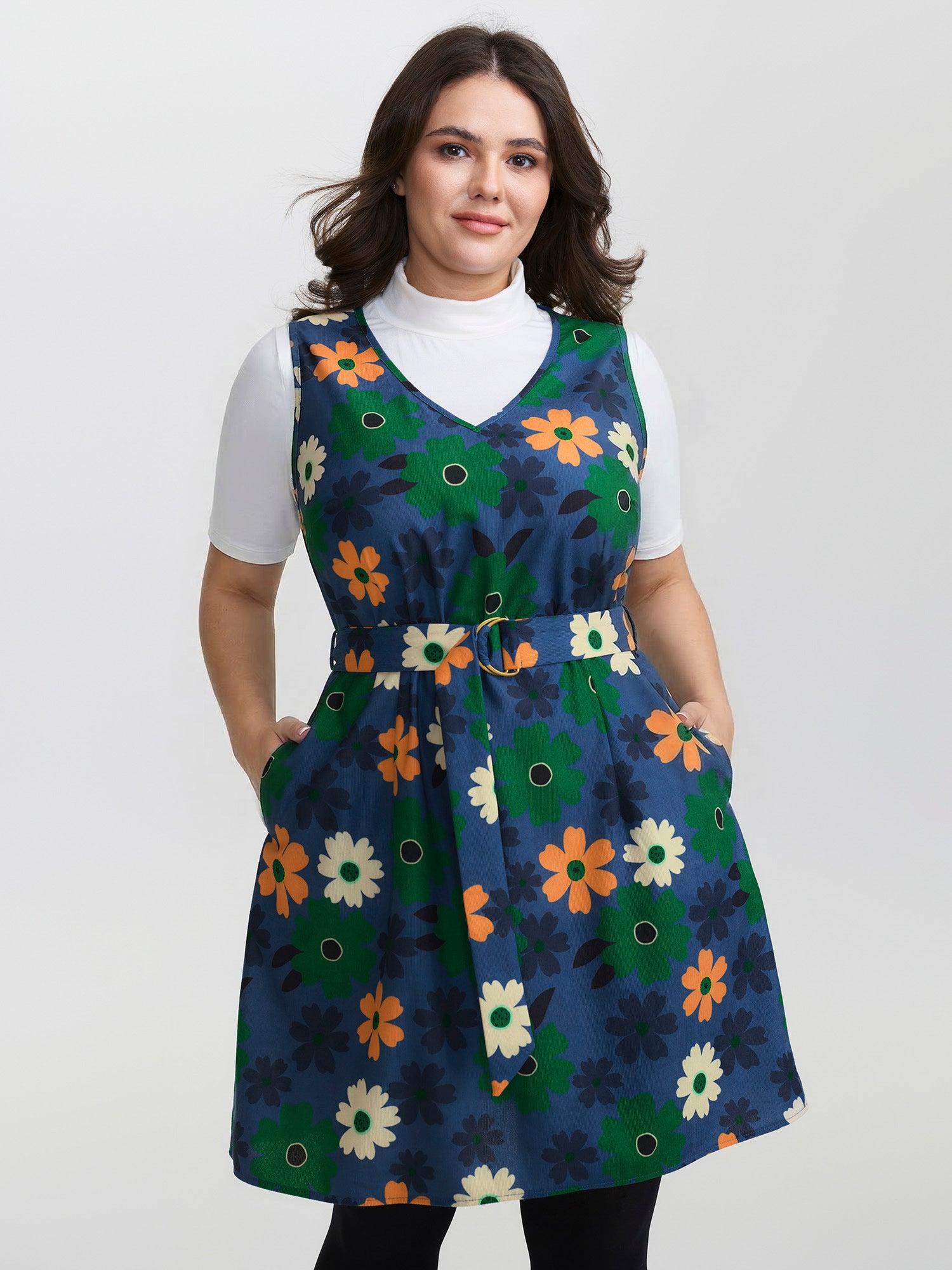 Floral Belted Waist-Defining Knee Dress