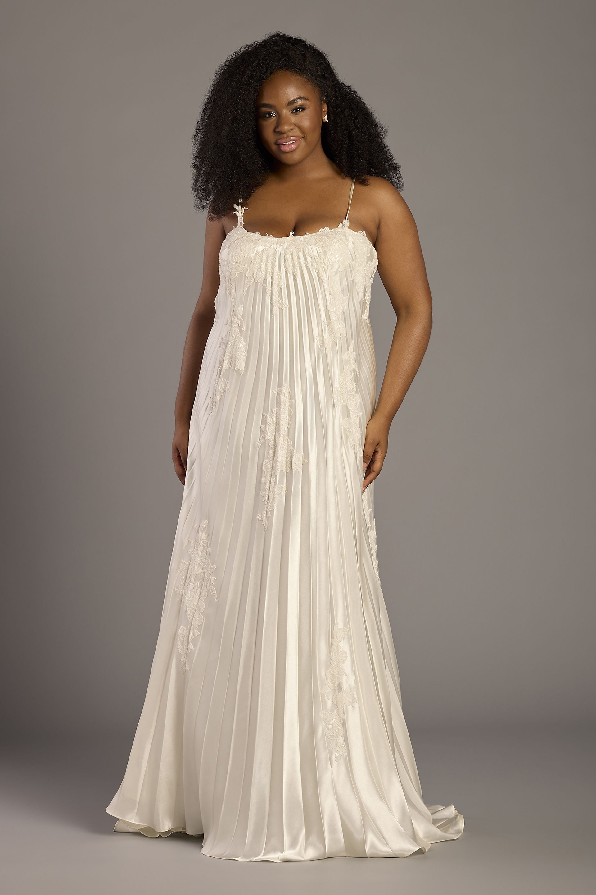 Pleated Charmeuse A-Line Gown with Lace Appliques