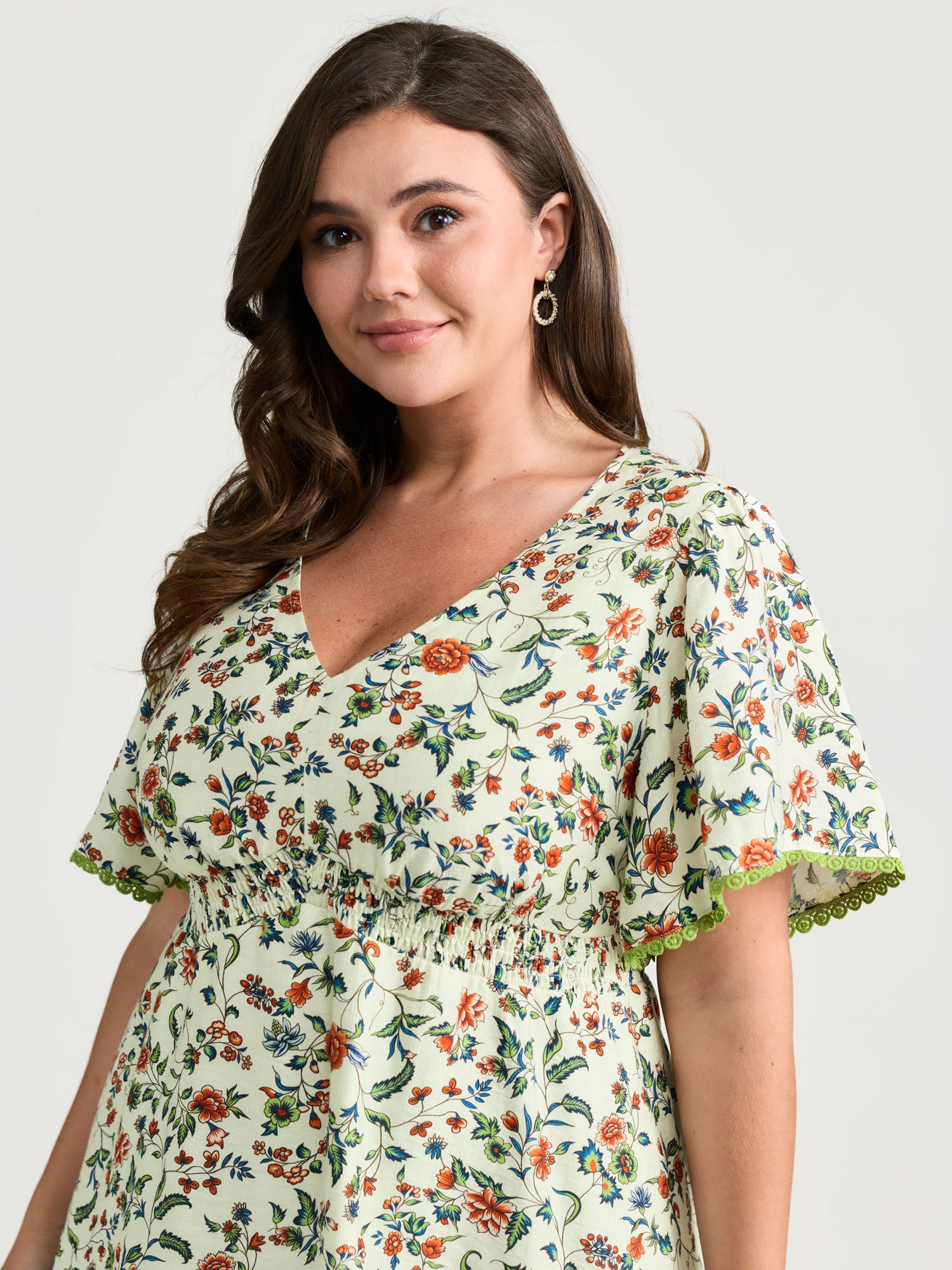 Dense Floral Print Bustier Shirred Waist Blouse