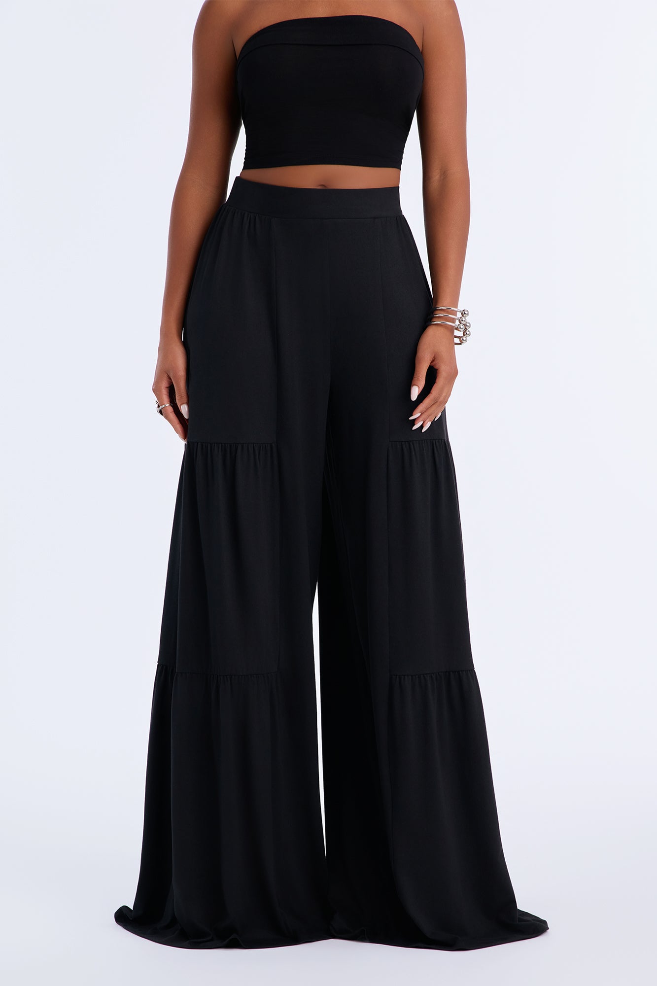 Everyday Tiered Wide Leg Jersey Pant - Black