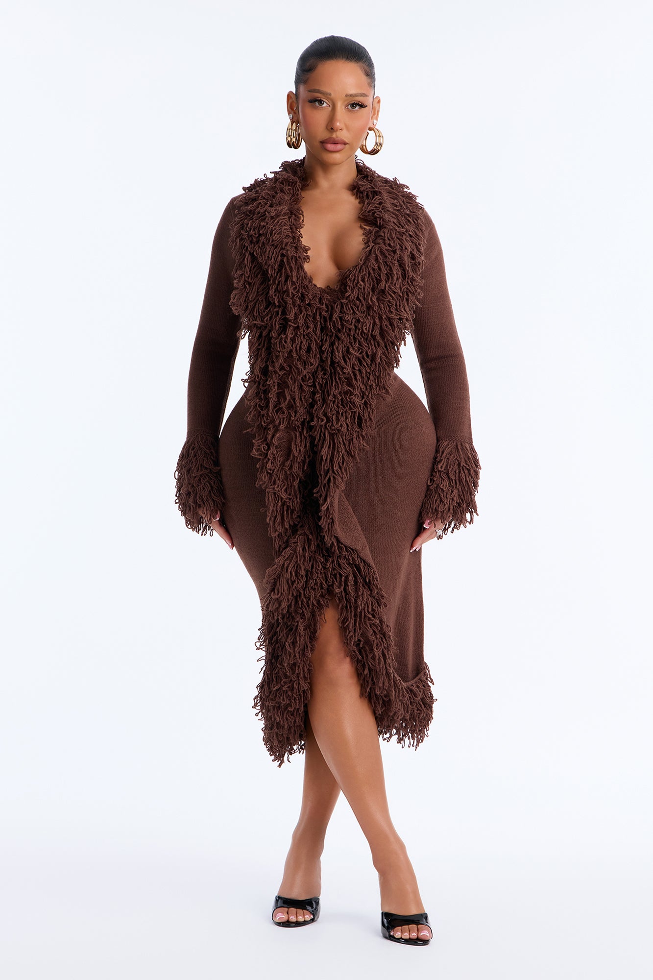 Foxy Fringe Shag Sweater Midi Dress - Chocolate