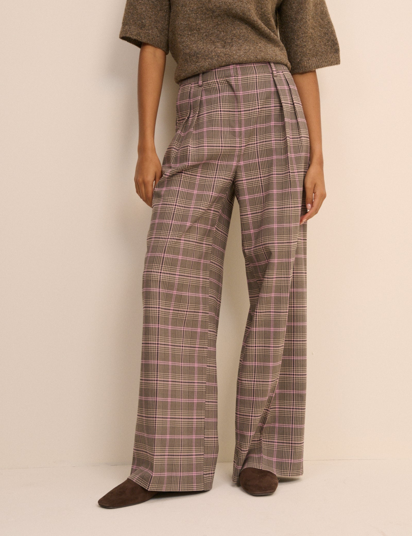 Petite Brown Check Wide Leg Rue Trousers