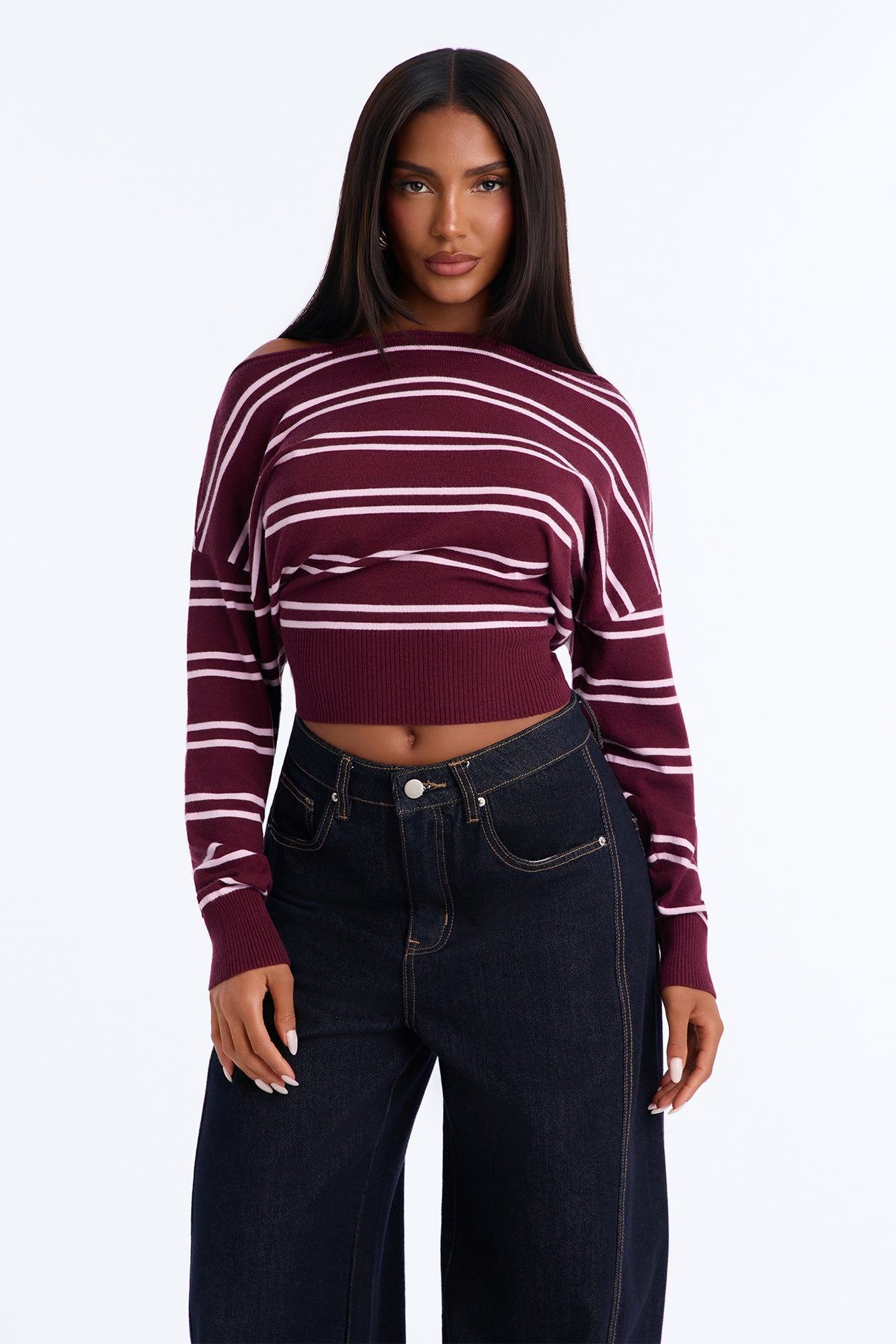 Connie Long Sleeve Striped Sweater - Burgundy/combo