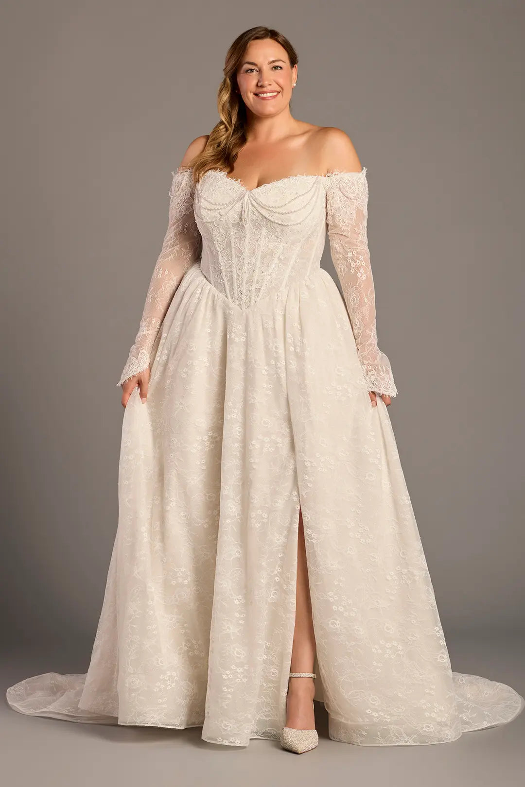 Lace Ball Gown Wedding Dress with Pearl Draping