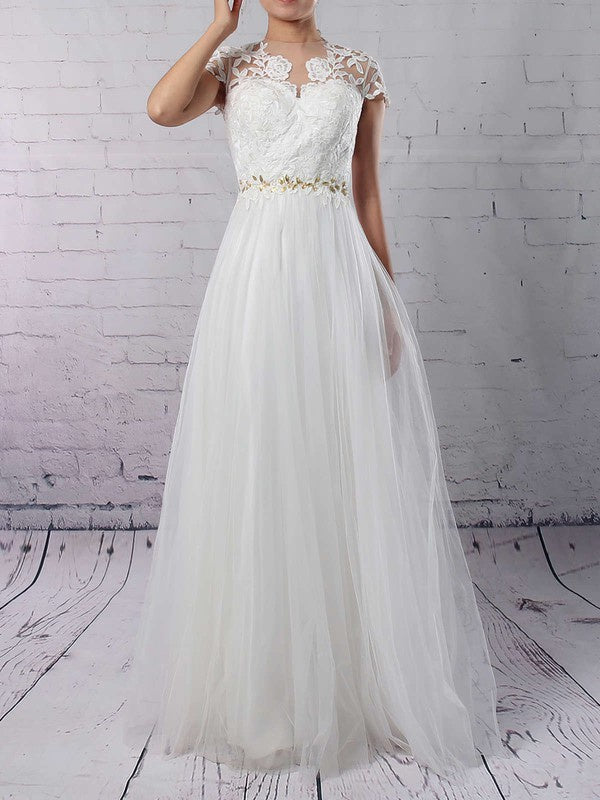 Glamorous A-Line Capped Tulle Floor-Length Wedding Dresses