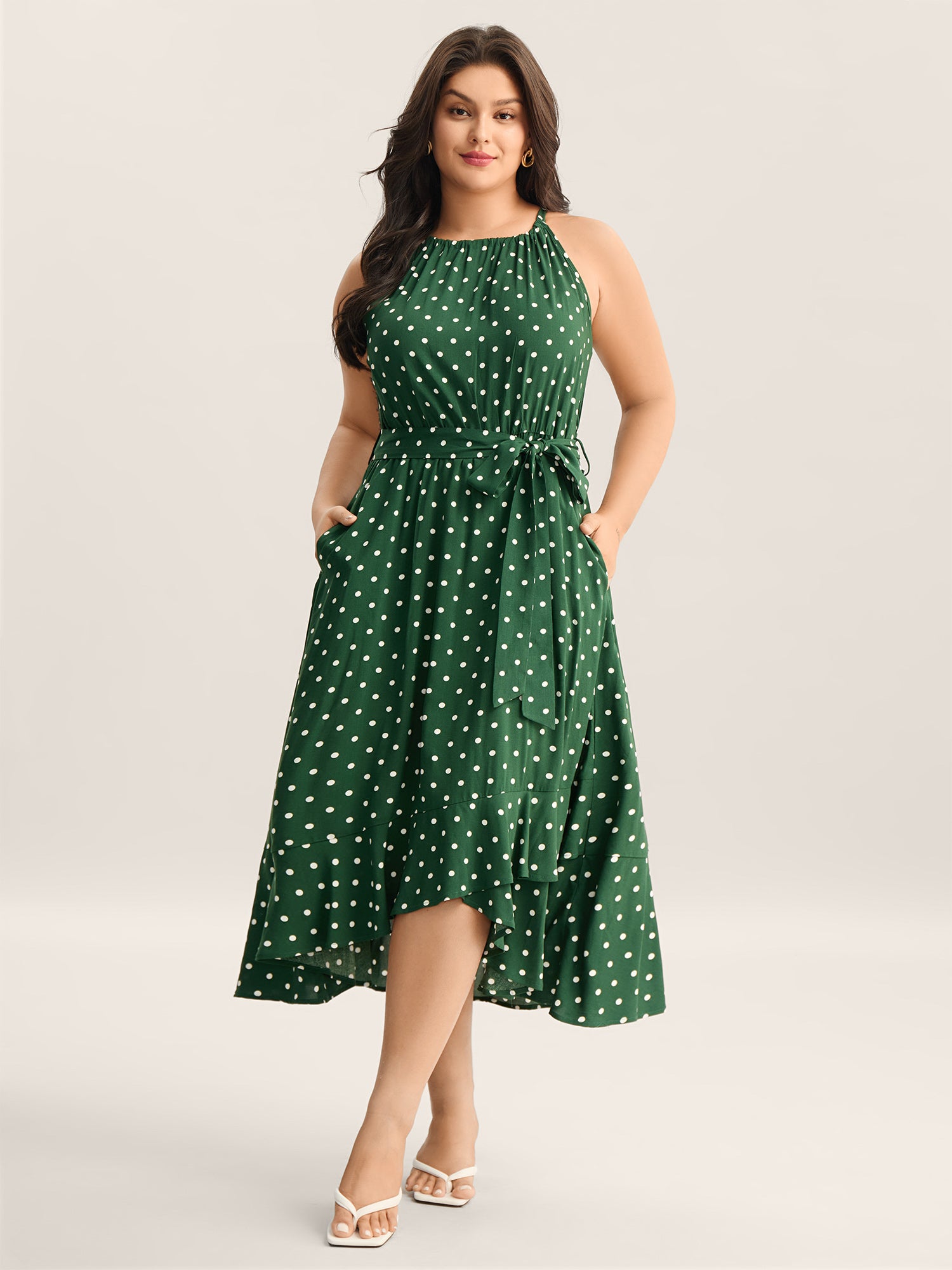 Polka Dots Halter Neck Belted Midi Dress