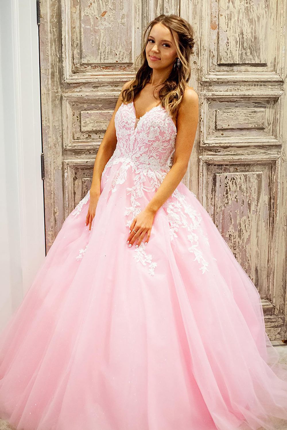Princess Long Prom Dress in Pink with Tulle and Spaghetti Straps Featuring Appliques
