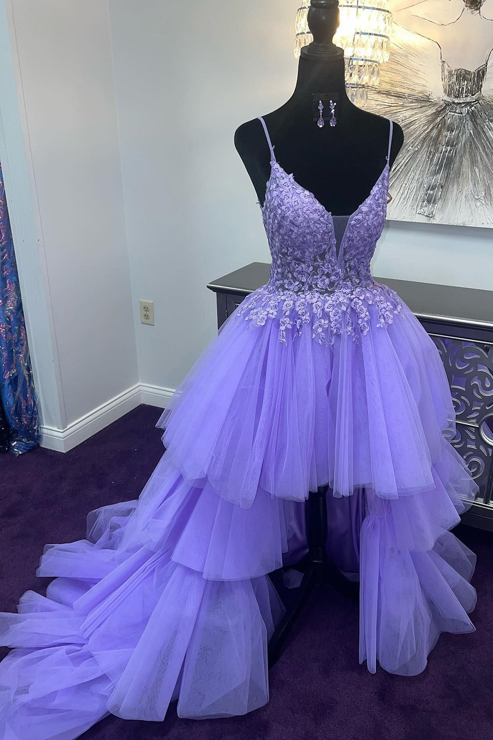 Purple High Low Tiered Homecoming Dress/Mini Dress with Lace