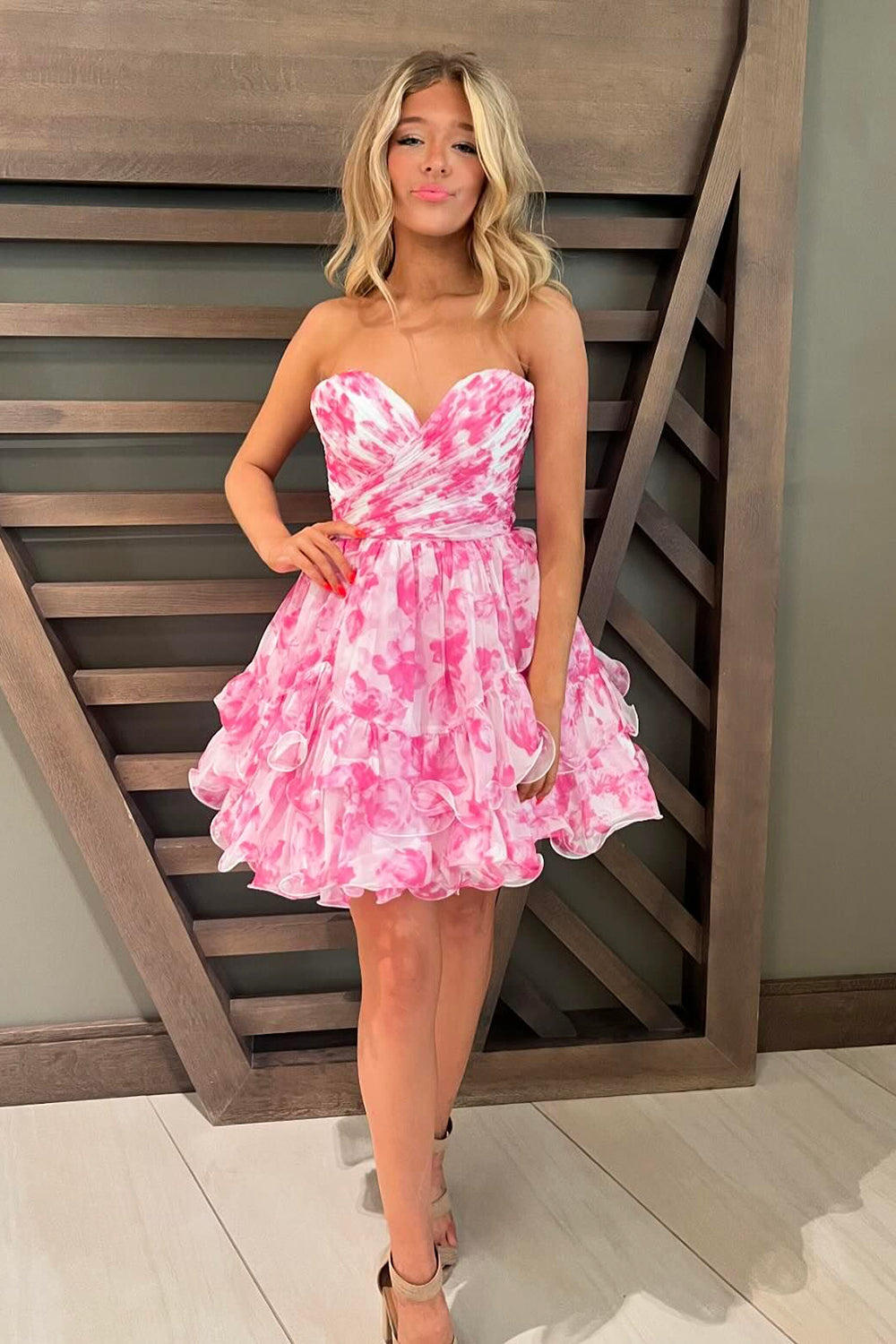 Pink Floral A Line Tiered Short Homecoming Dress/Mini Dress