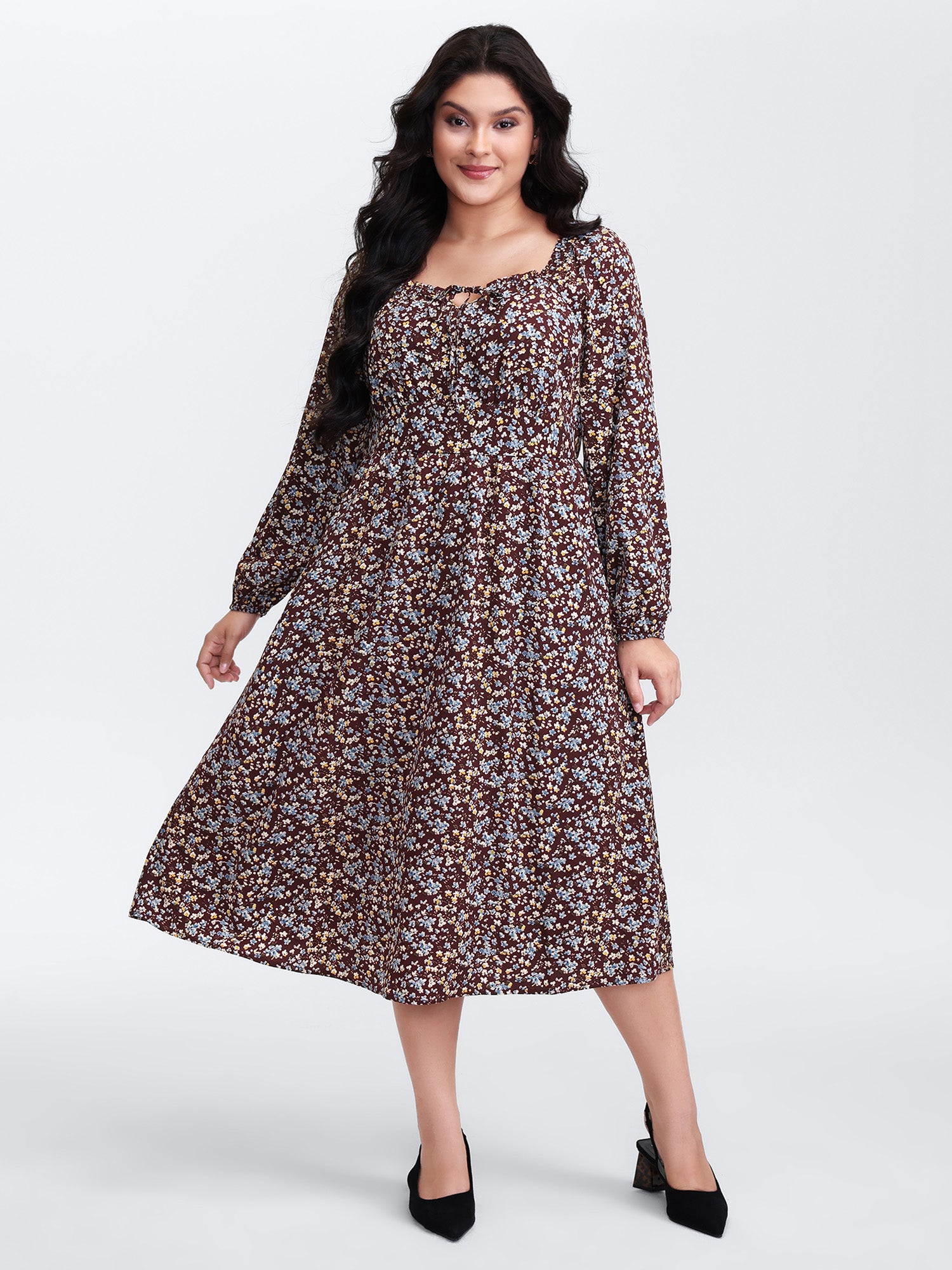 Floral Print Pockets Neckline Tie Maxi Dress