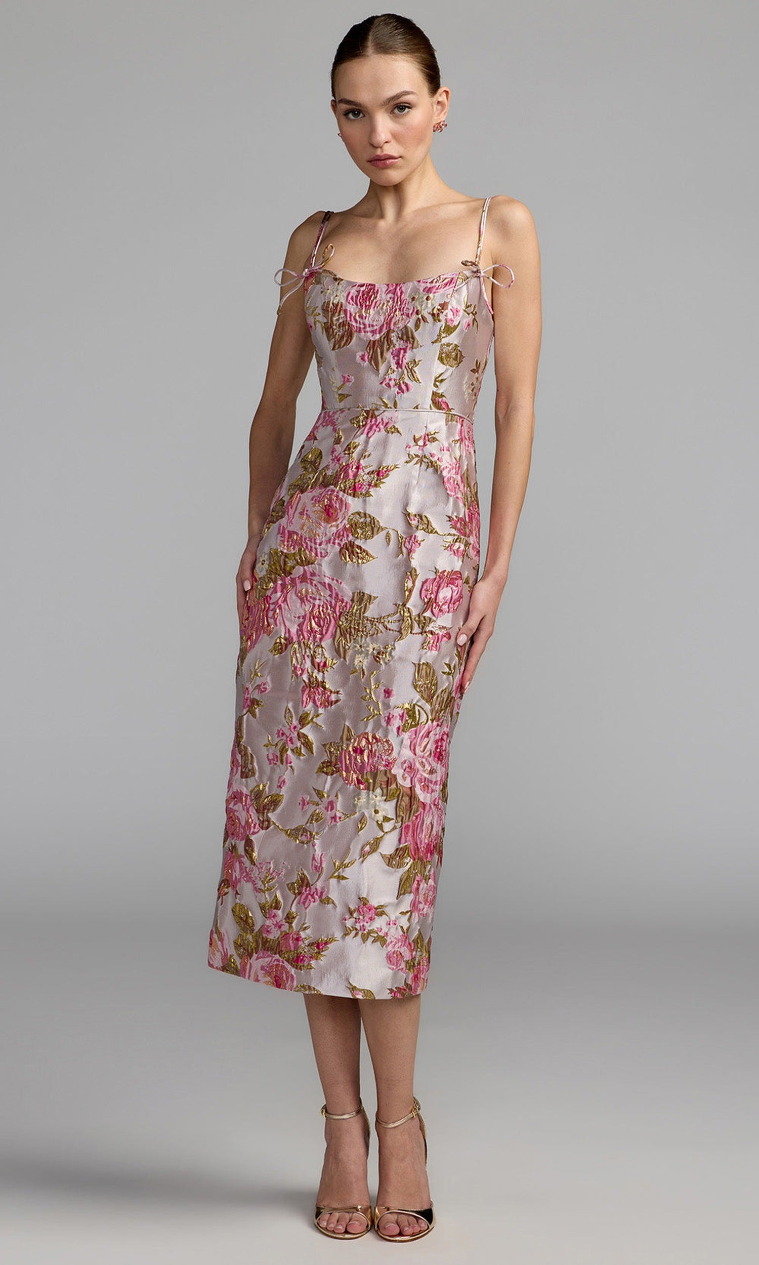 Mac Duggal 69153 - Bow Strap Floral Brocade Midi Dress