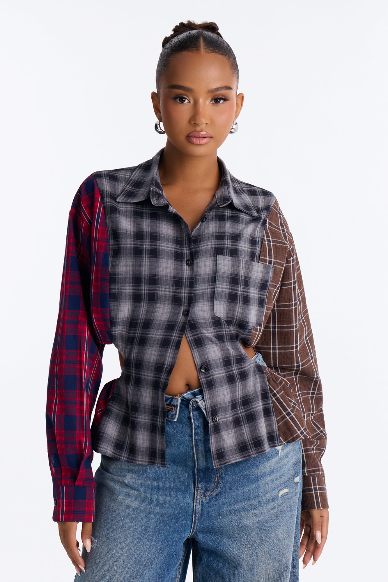 Stick To It Plaid Peplum Blouse - Grey/combo