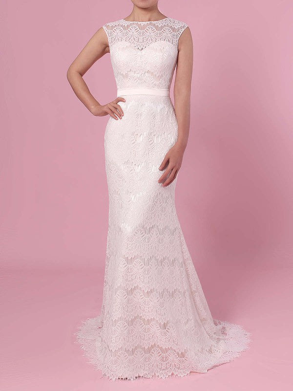 Deluxe Mermaid Sleeveless Jewel Neck Lace Sweep Train Wedding Dresses with Sash