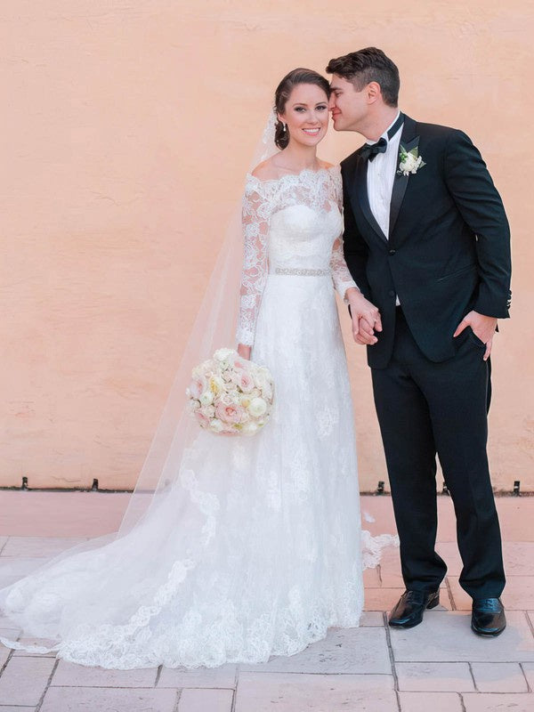 Classic A-Line Off-The-Shoulder Long Sleeves Lace Court Train Wedding Dresses