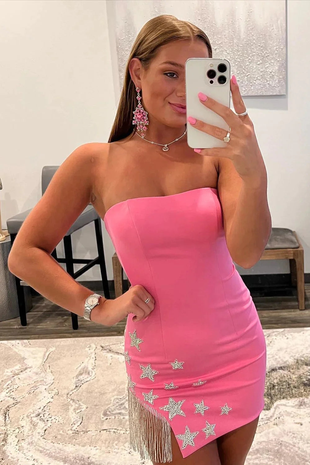 Pink Tight Homecoming Dress/Mini Dress with Star and Fringes