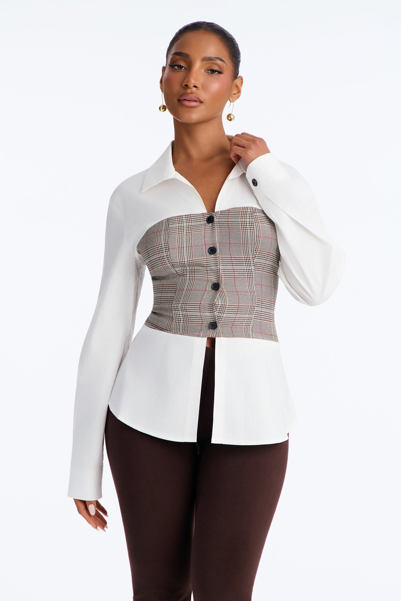 Mira Plaid Waist Button Up Shirt - Brown/combo