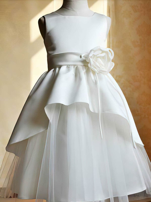 Elegant A-Line Square Neck Sleeveless Satin Tulle Flower Girl Dresses with Ruffles
