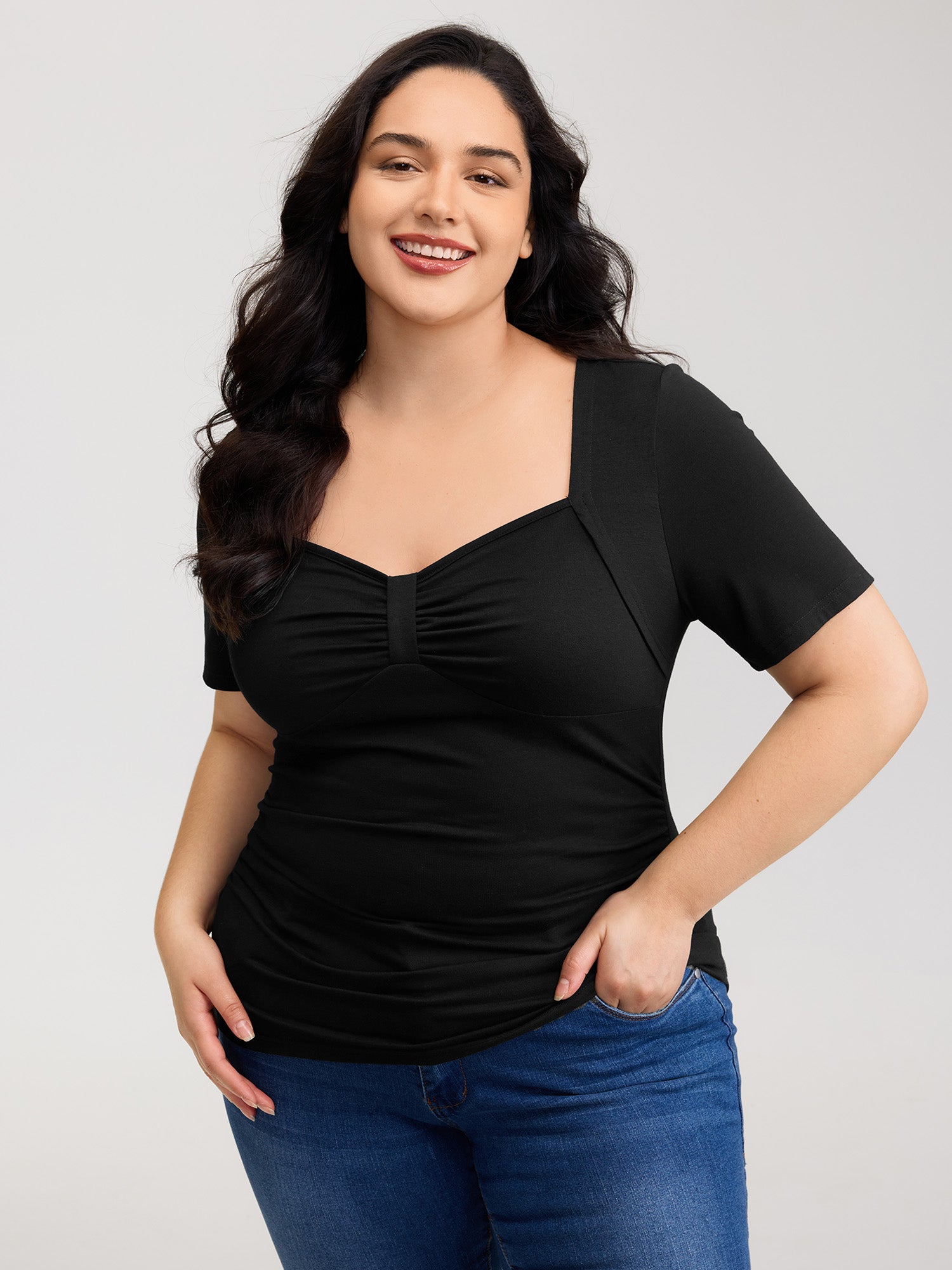 Stretchy Ruched Square Neck T-Shirt
