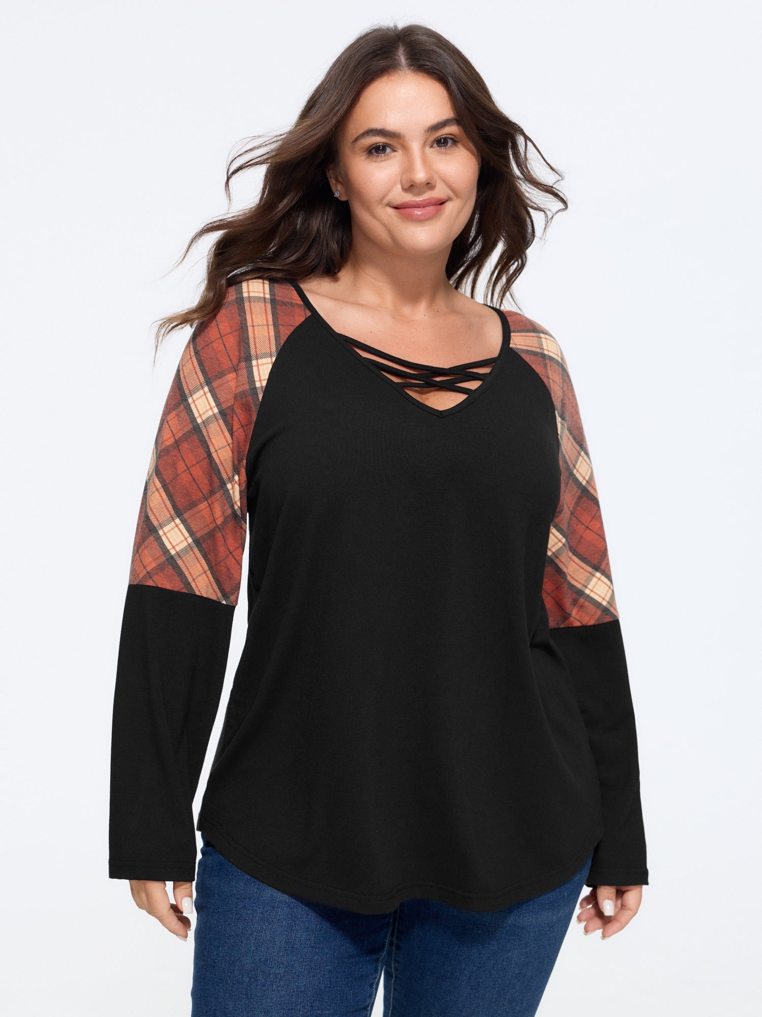 Supersoft Criss‑Cross V‑Neck Plaid Contrast T-Shirt