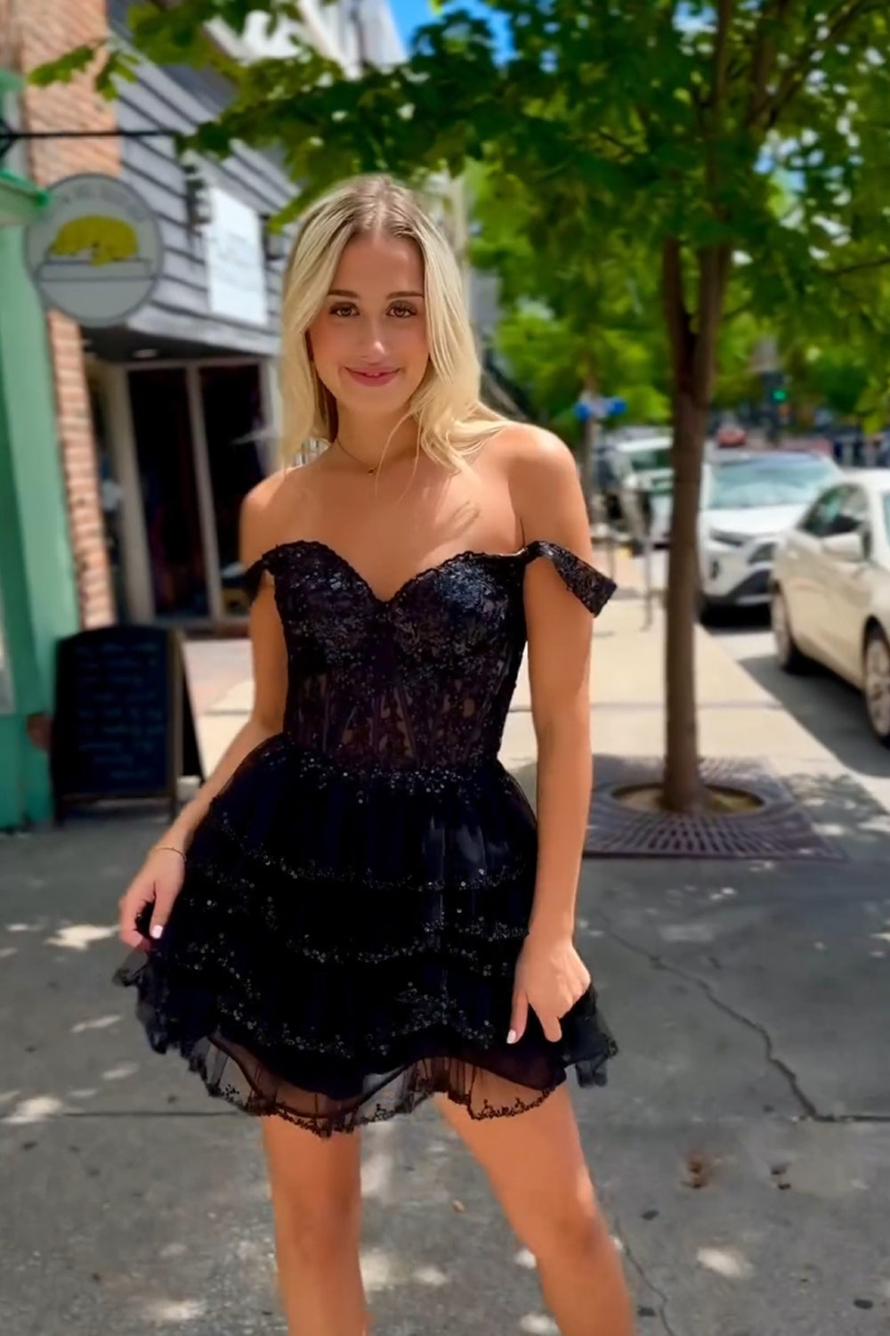 Sparkly Black Corset Ruffled Short Homecoming Dress/Mini Dress With Lace