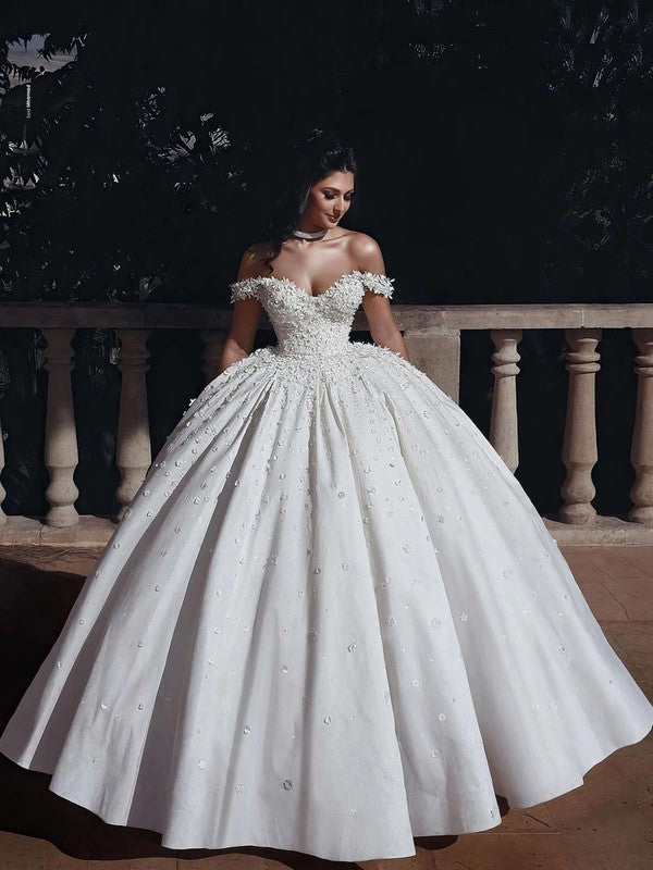 Luxurious V-Neck Off-The-Shoulder Floor-Length Ball Gown Satin Wedding Dresses with Appliques