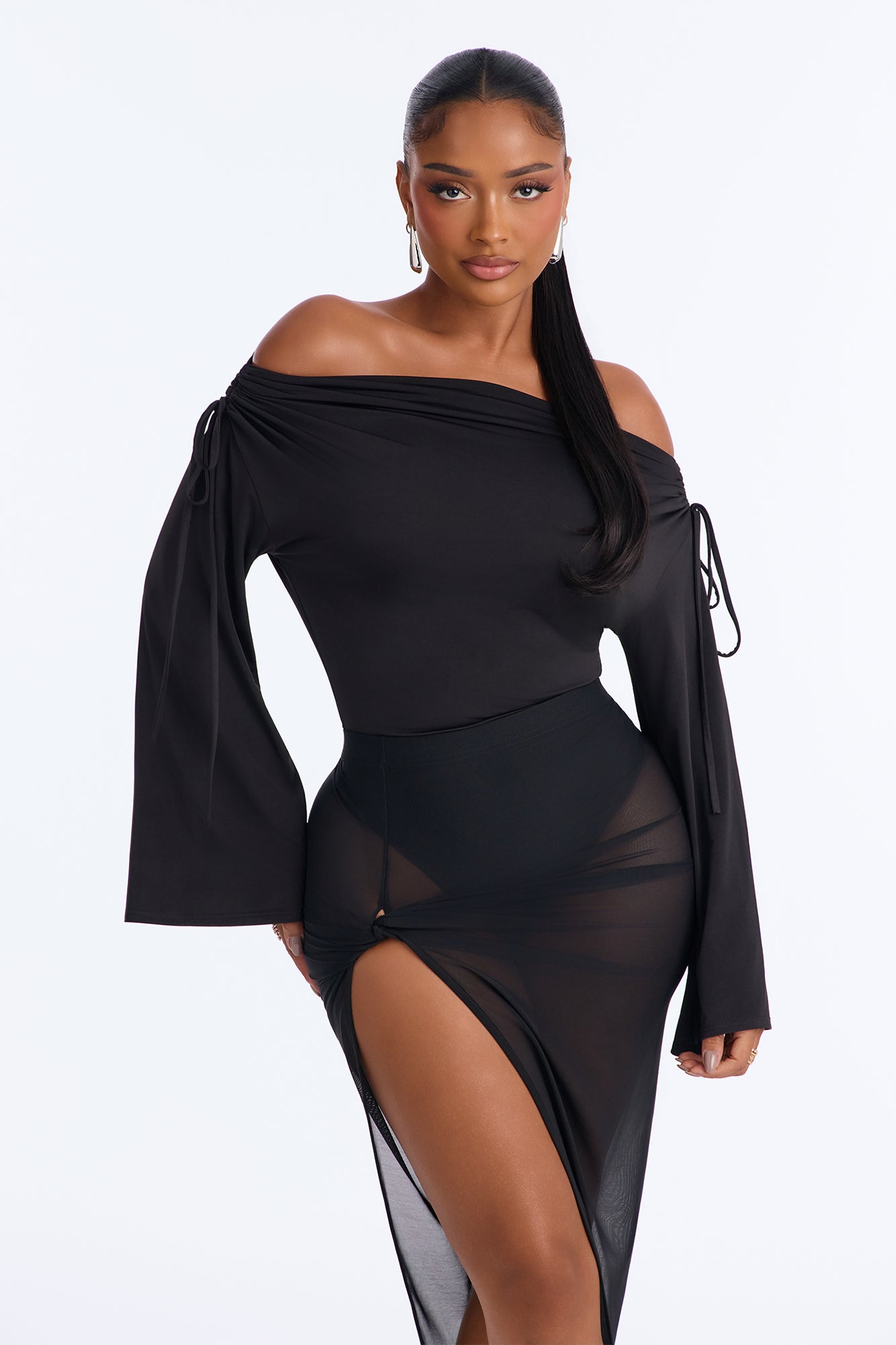 Melina Off Shoulder Long Sleeve Bodysuit - Black