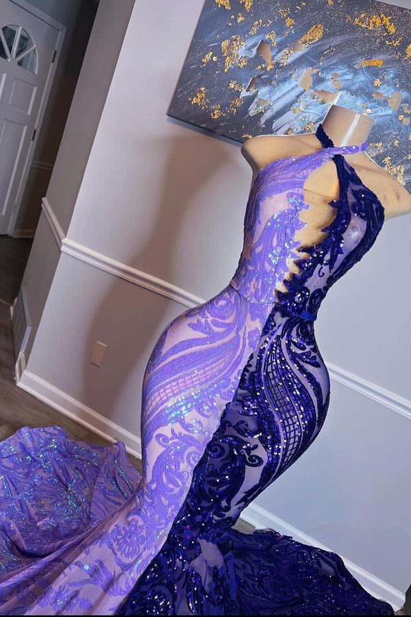 Double Color Sleeveless Halter Backless Mermaid Evening Dress