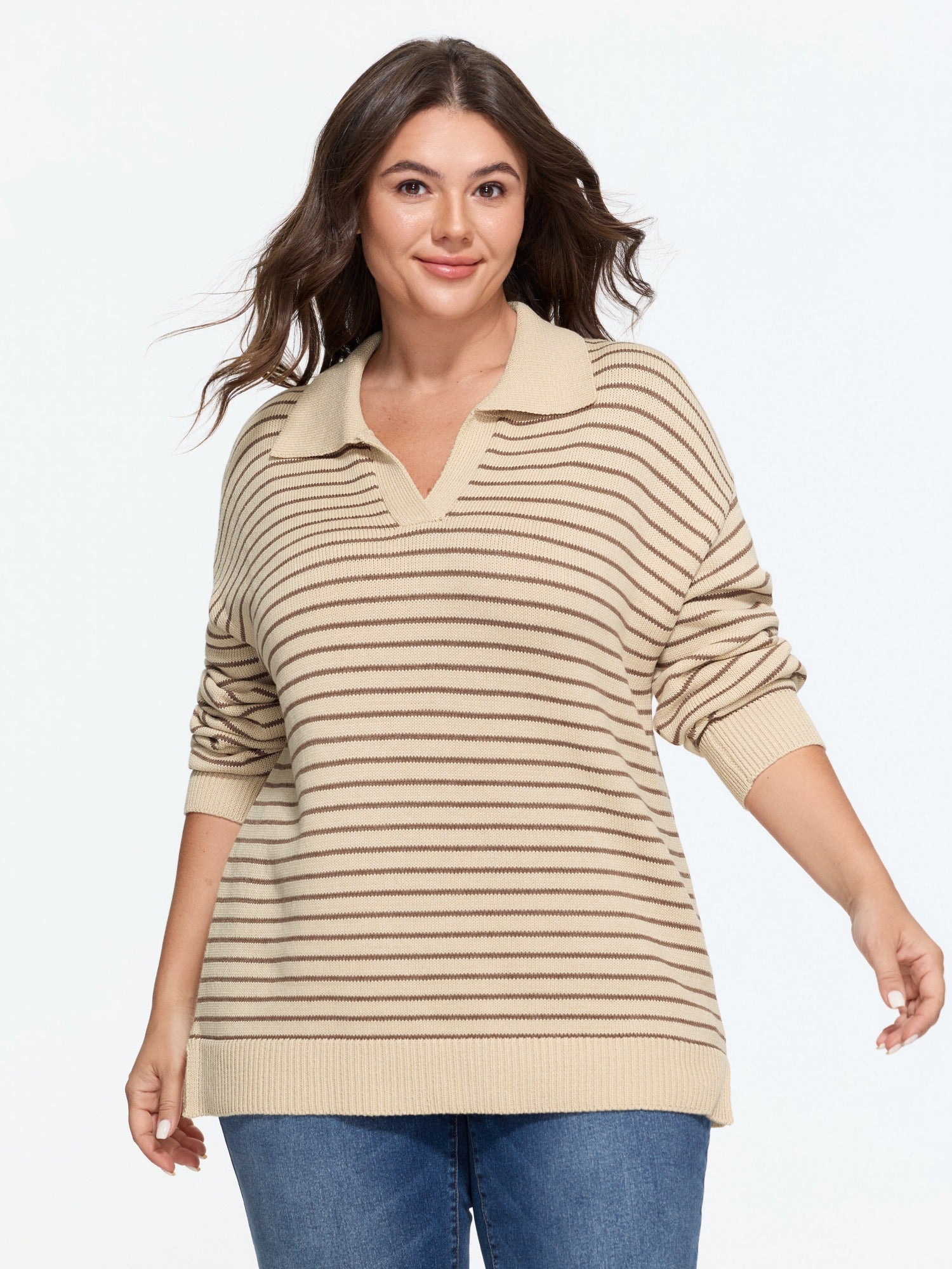 Striped Polo Collar Loose Fit Pullover