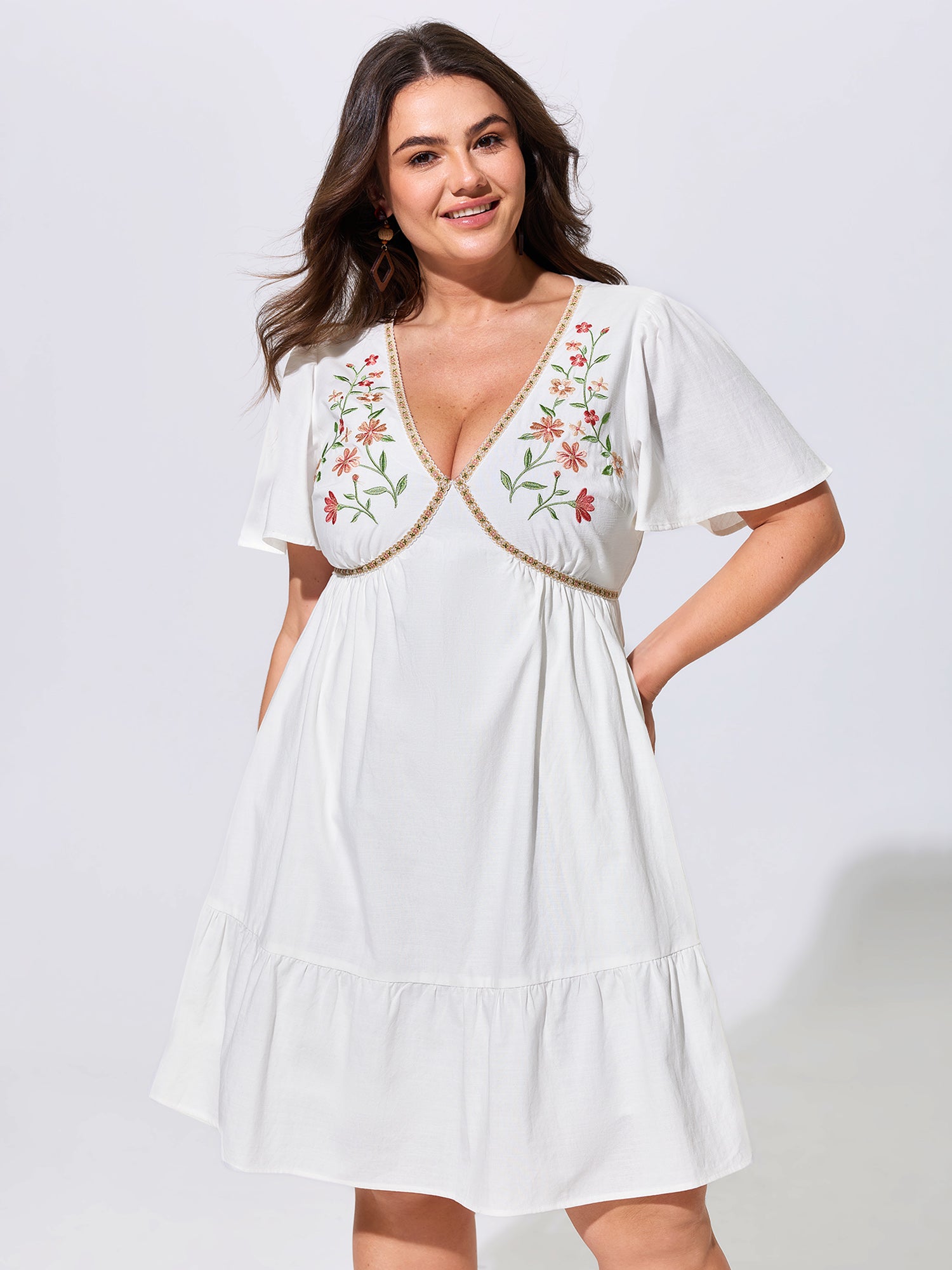 Floral Embroidered V-Neck Ruffled Hem Mini Dress