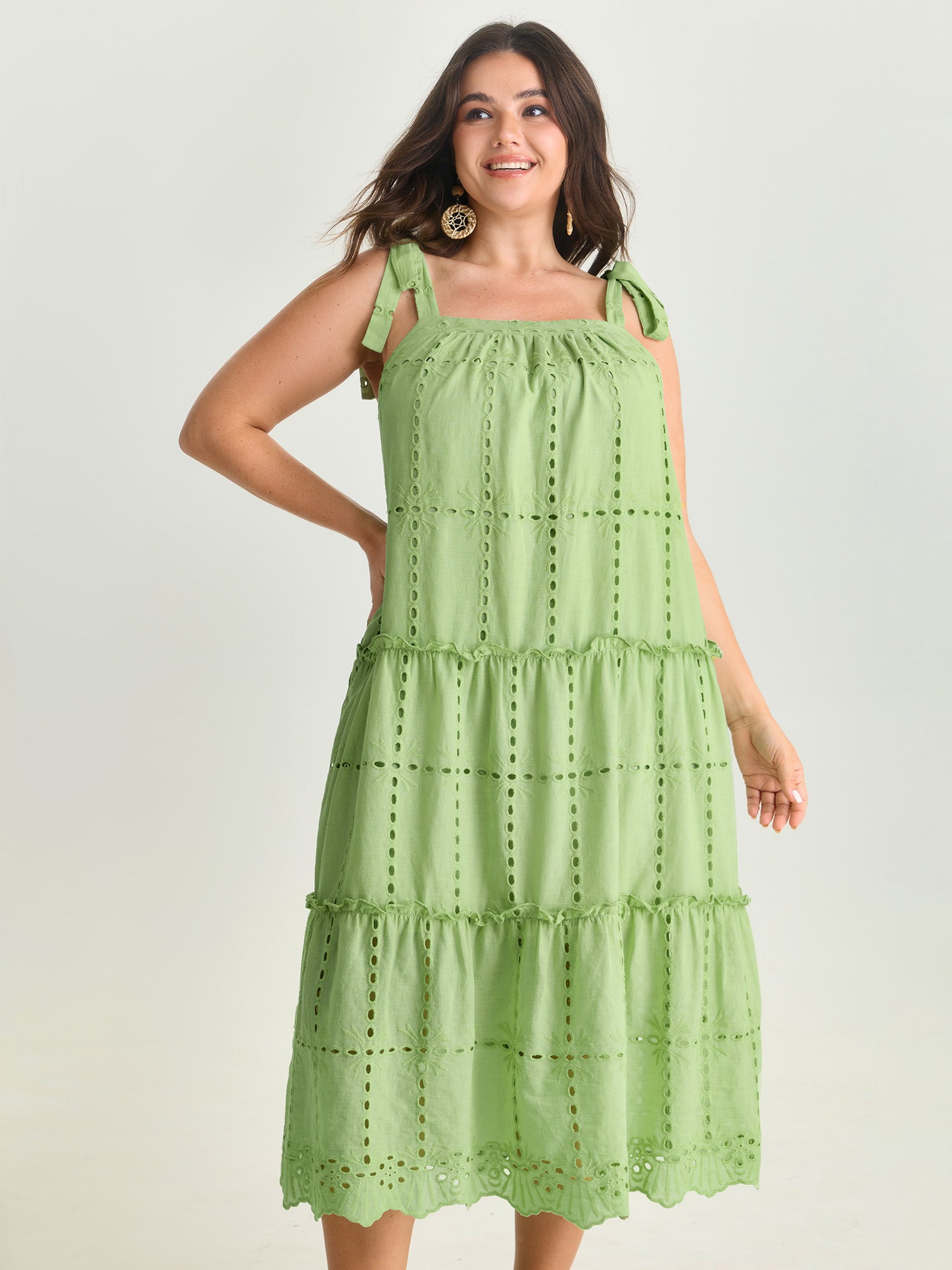 Cut Out Textured Shoulder Ties Midi Dress