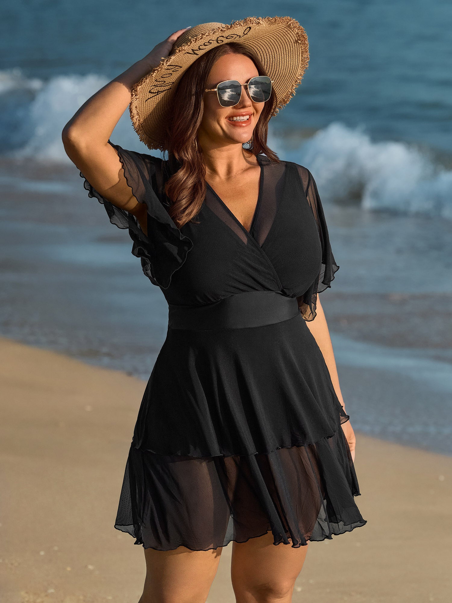 Sheer Ruffled Sleeve Layered Swim Dress