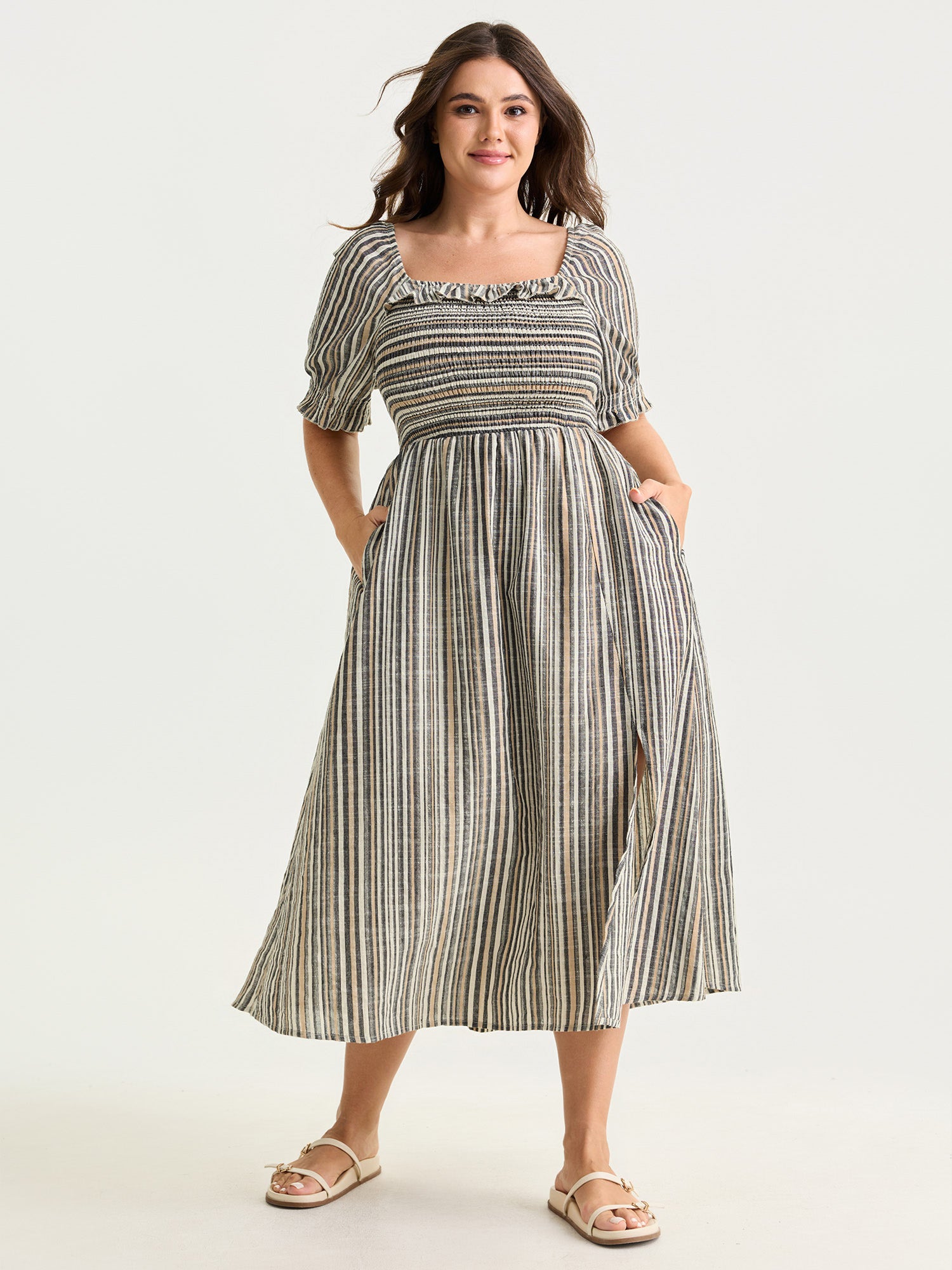 Striped Ruffled Neckline Puff Sleeve Midi Dress