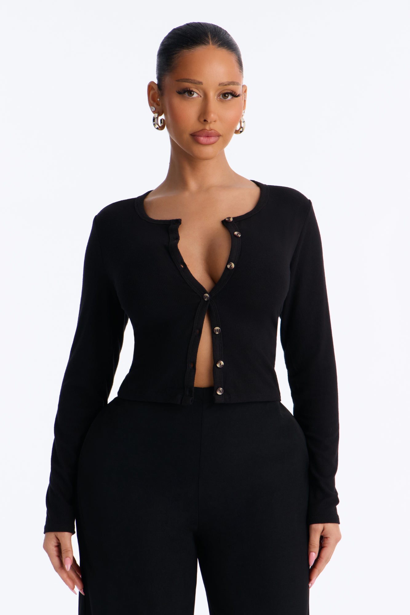 Caroline Ribbed Button Front Long Sleeve Knit Top - Black