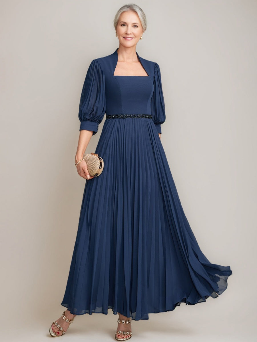 Queen Anne Neckline A-line Princess Ankle-Length Mother of the Bride Dresses with Pleats Sequins & Beads