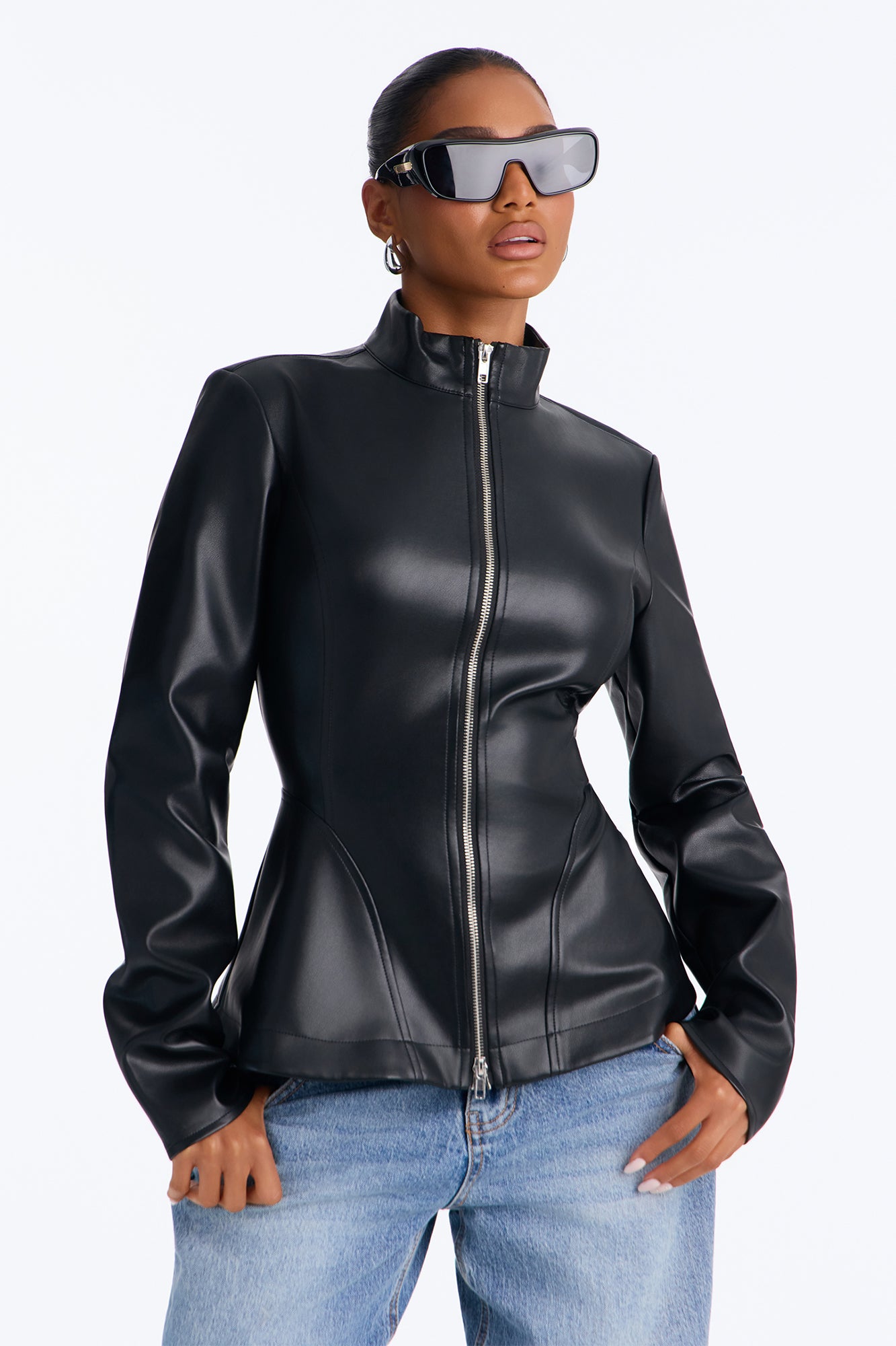 Lover Behavior Faux Leather Mock Neck Zip Top - Black