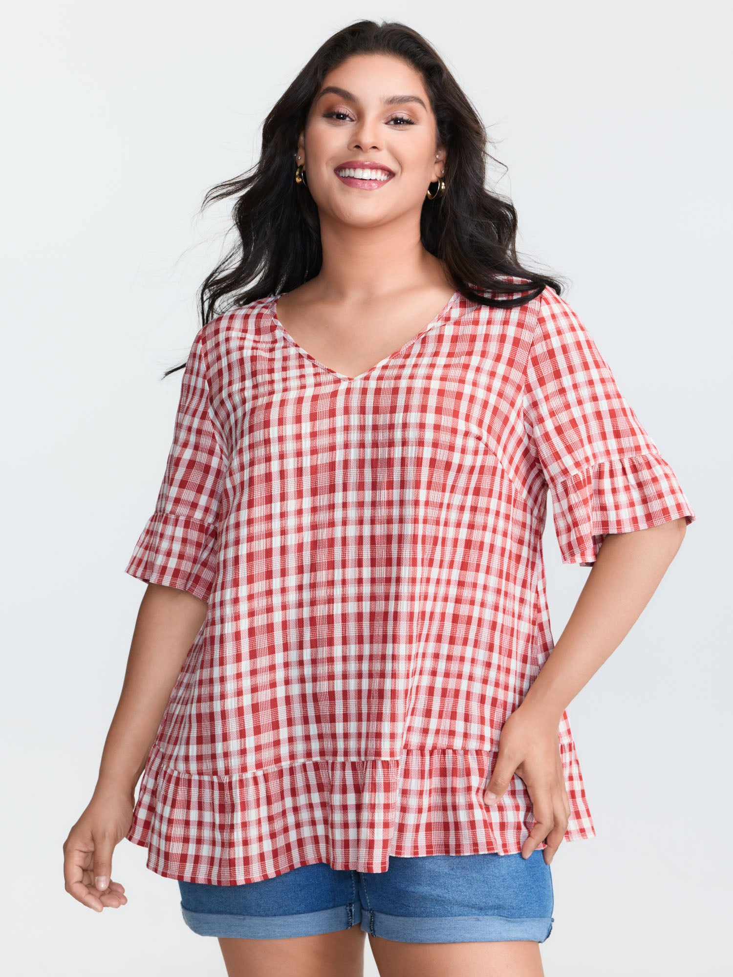 Sweet Gingham Print Ruffled Blouse