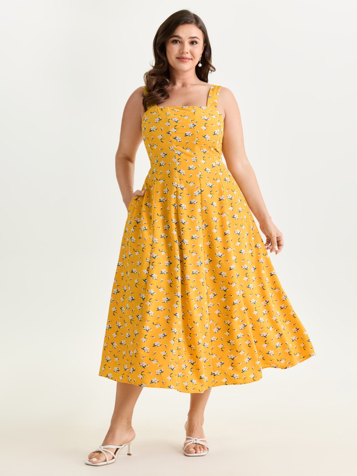 Vibrant Floral Print Waist-Defining Midi Dress