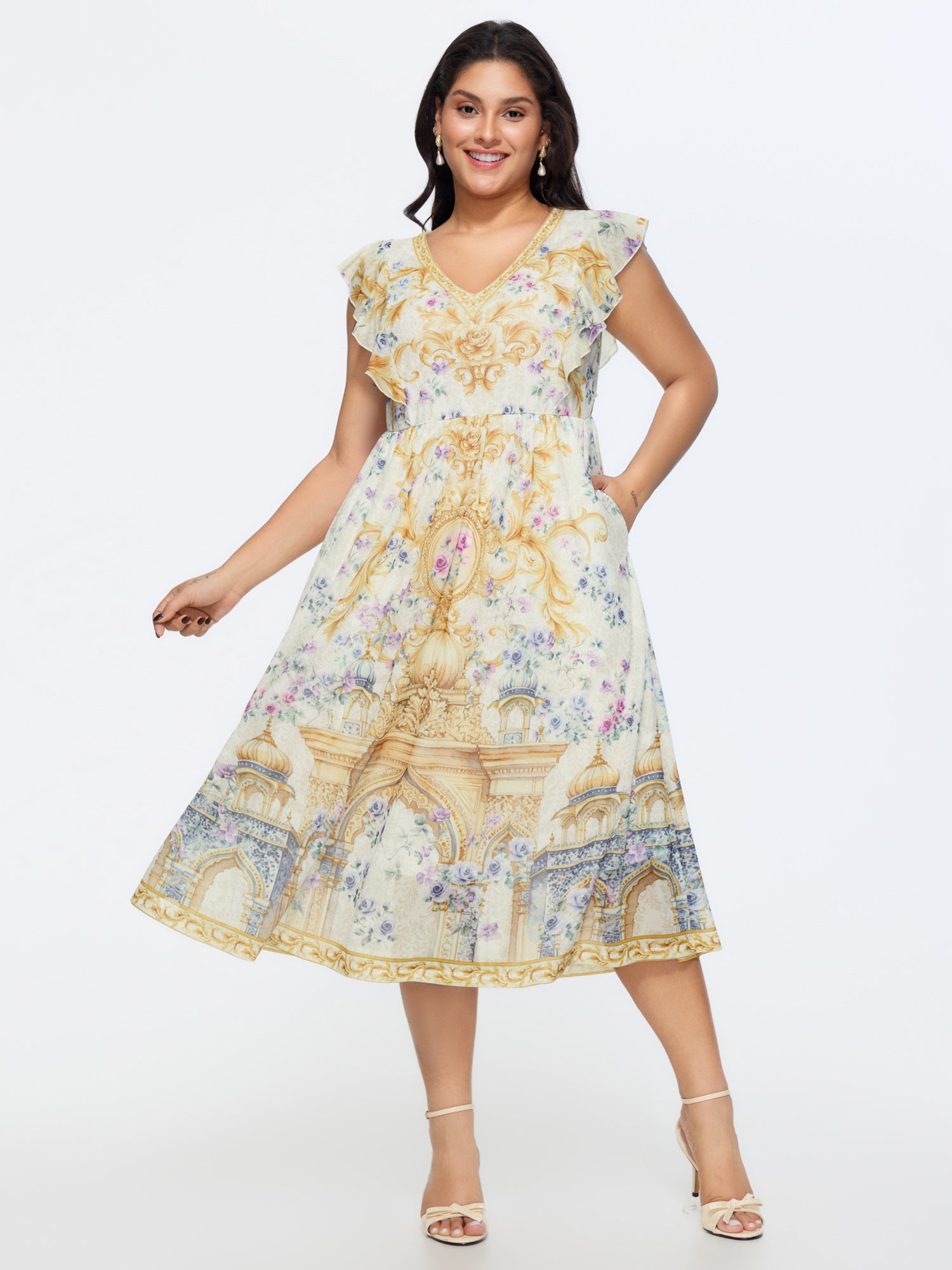 Stretchy Floral Print Ruffle Flutter Sleeve Midi Dress
