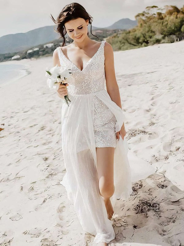 Stunning Sheath V-Neck Sleeveless Tulle Lace Floor-Length Wedding Dresses