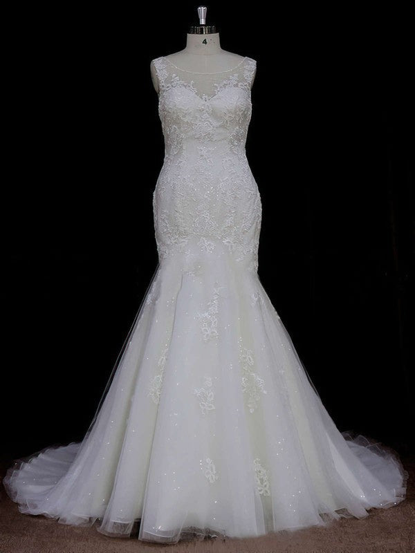 Beautiful Trumpet Crew Neck Sleeveless Wedding Dresses with Appliques