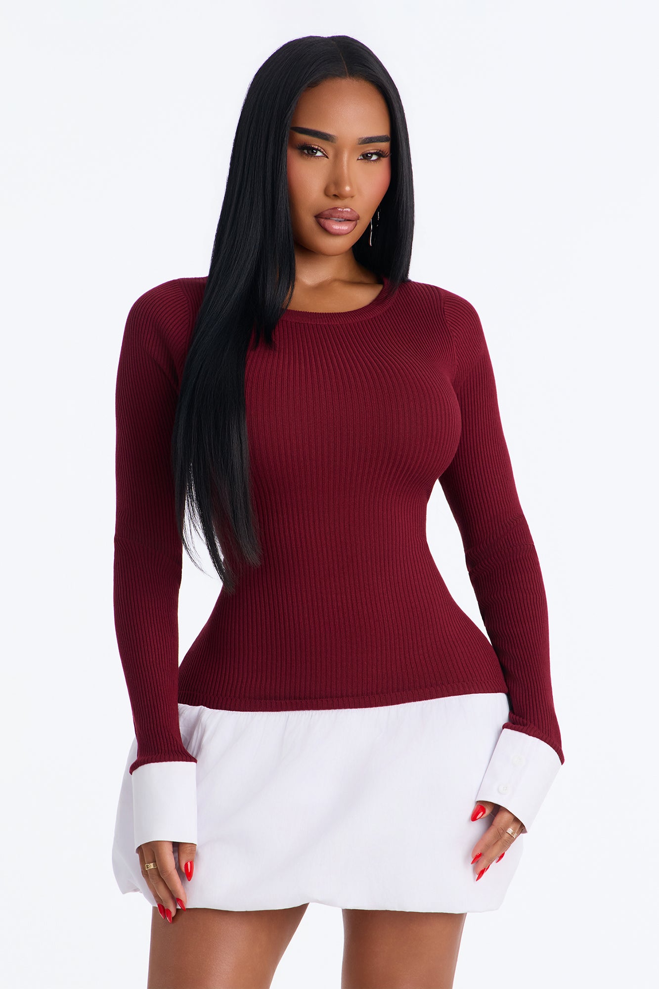 Gigi Sweater Bubble Mini Dress - Burgundy/combo