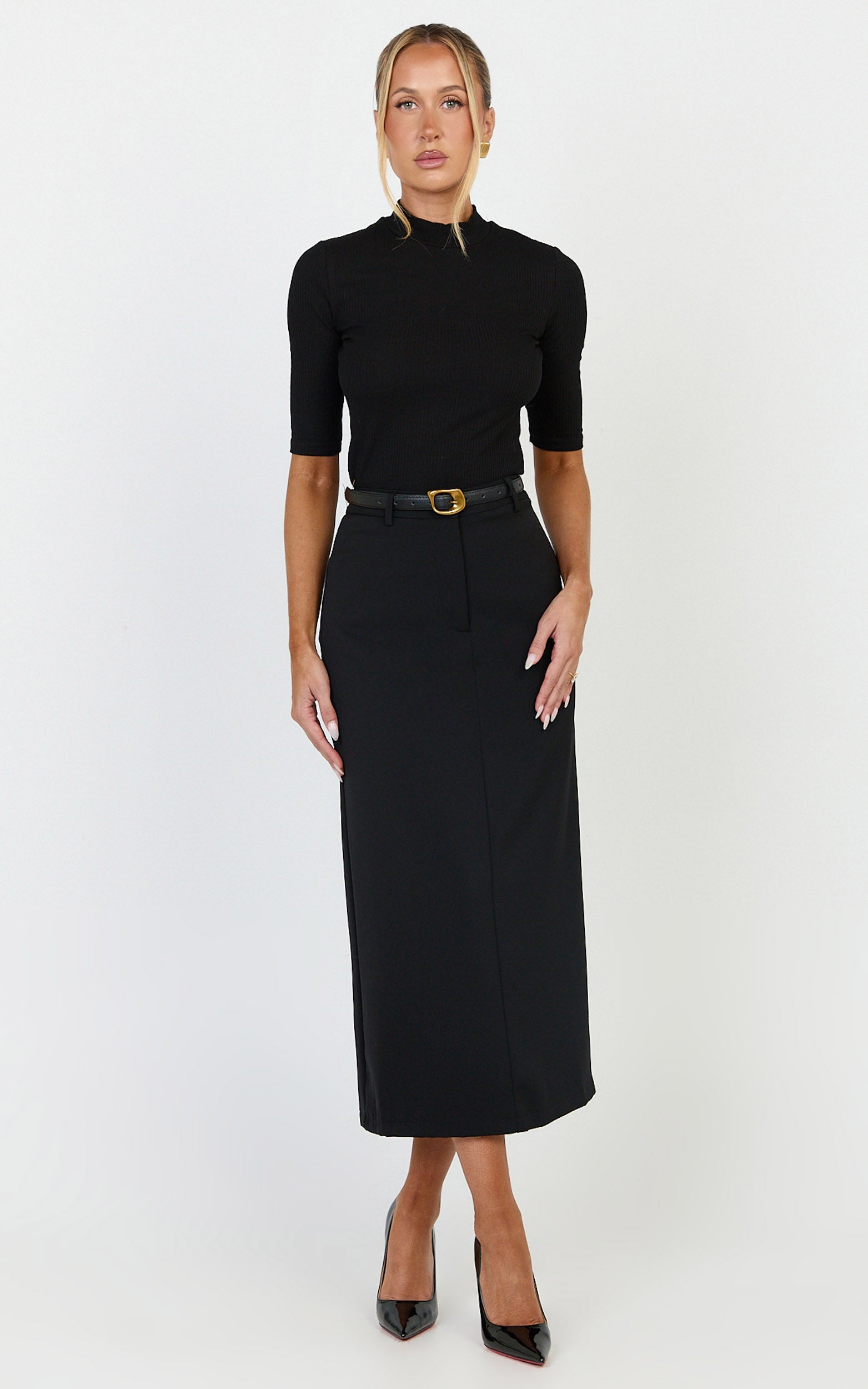 Alanna Midi Skirt - High Waisted Back Split Pencil Skirt in Black