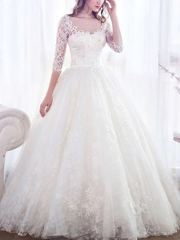 Elegant Ball Gown 3/4 Long Sleeves Lace Tulle Floor-Length Wedding Dresses with Appliques