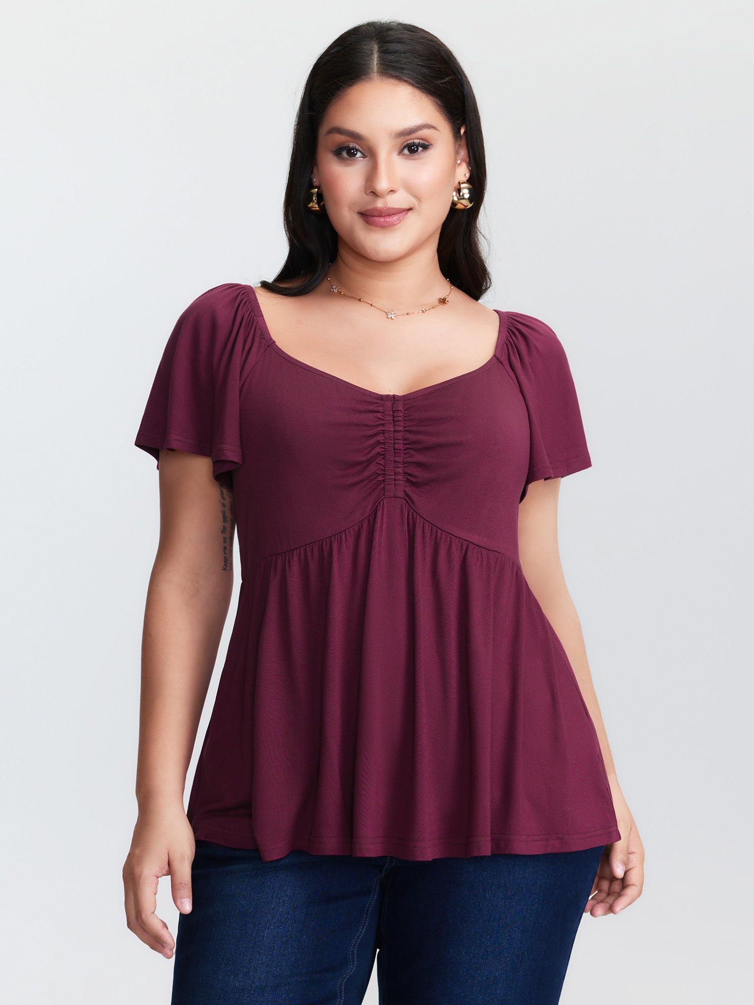 Stretchy Ruched Bodice Pleated Knit Top