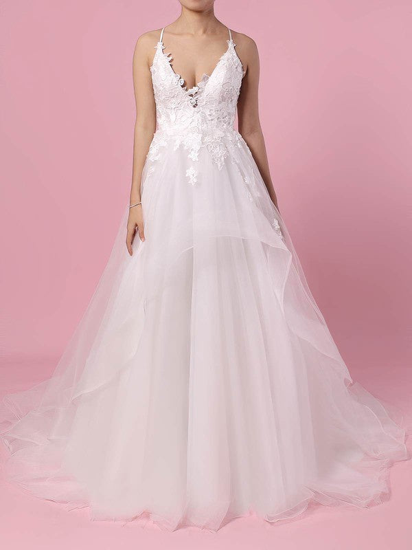 Charming V-Neck Sleeveless Lace Tulle Sweep Train Wedding Dresses with Appliques
